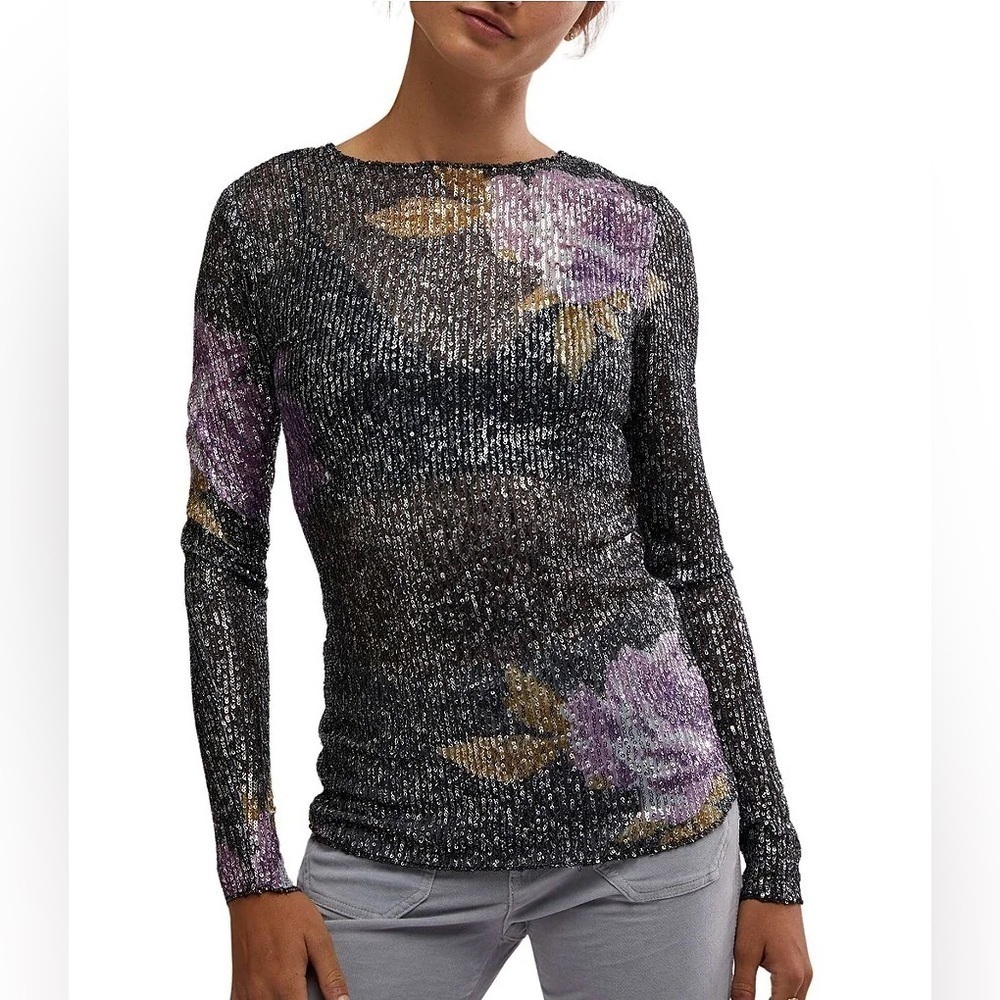 Intimately Free People Gold Rush Floral Sequin Long Sleeve Top